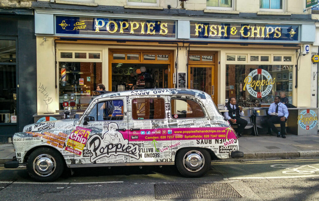 car infront of Poppie’s Fish & Chips